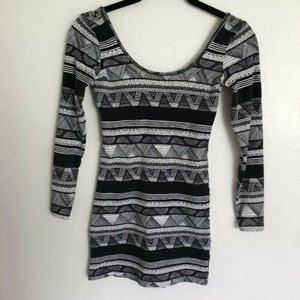 American Apparel Afrika Dress Medium Black White Mini Tribal Long Sleeve
